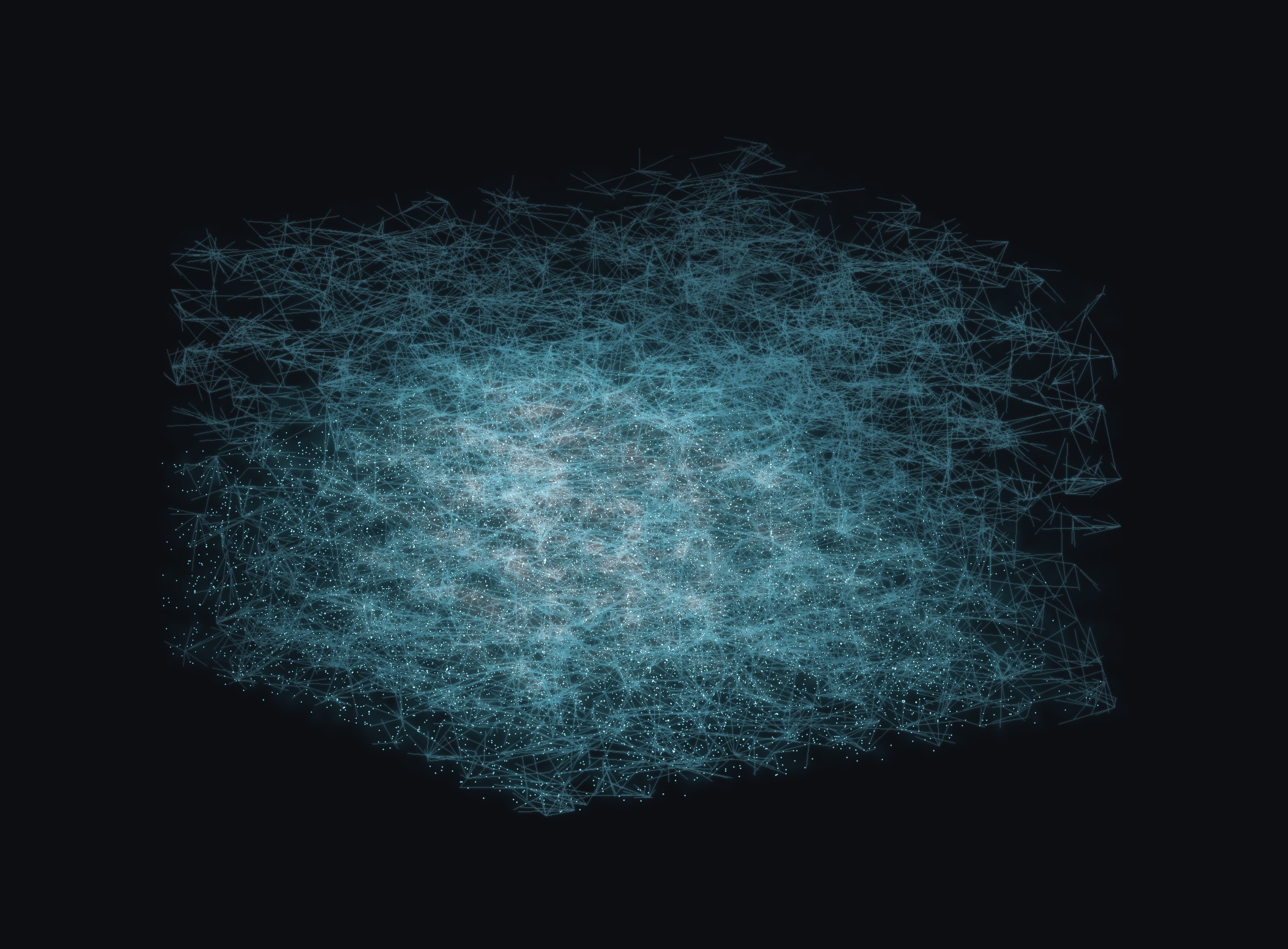 A 200,000-neuron modular connectome rendered in 3D — its wiring a glowing cyan web, its neurons lit by firing rate