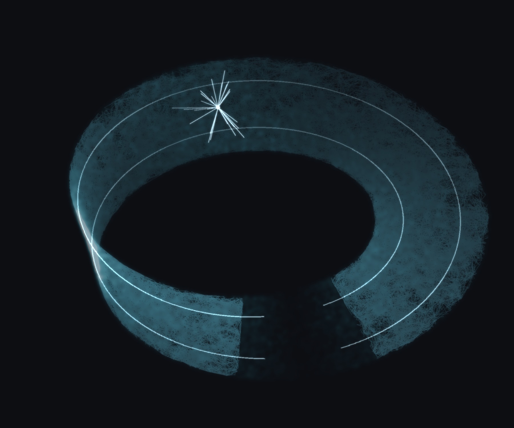 The loop that closes — a Möbius strip whose surface is a glowing connectome, threaded by the transformer's next-prediction winding it twice, with the inference flash at the writing head and one seam left open